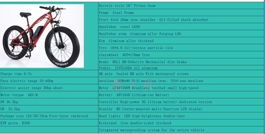 Vélo Électrique Tout-Terrain (Fat Bike) 26 Pouces – Moteur Puissant 1000W 48V, Cadre Alliage d'Aluminium & Autonomie Longue Durée