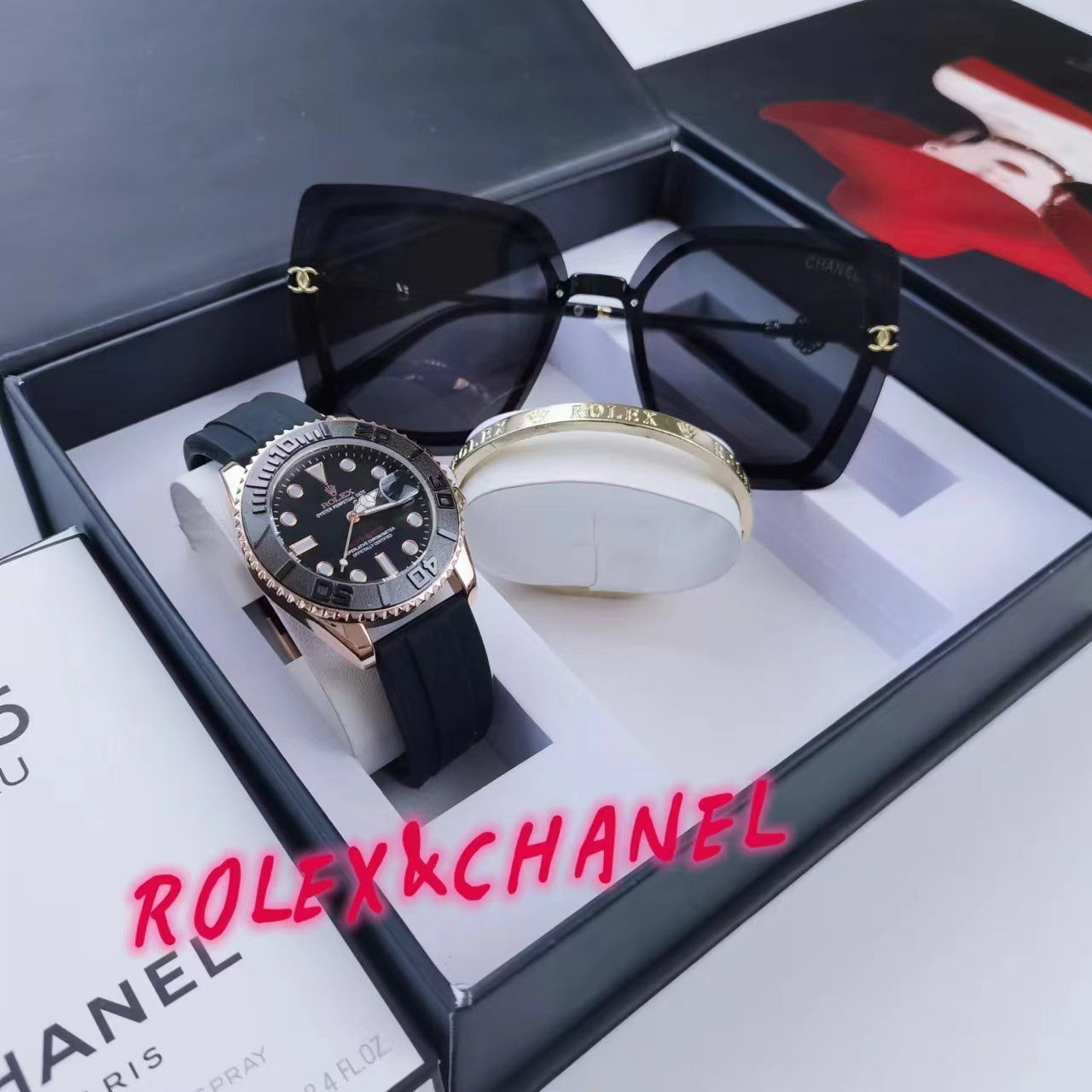 Montre inspirée de la rolex oyster perpetual en kit d'un bracelet rolex et des lunettes chanel