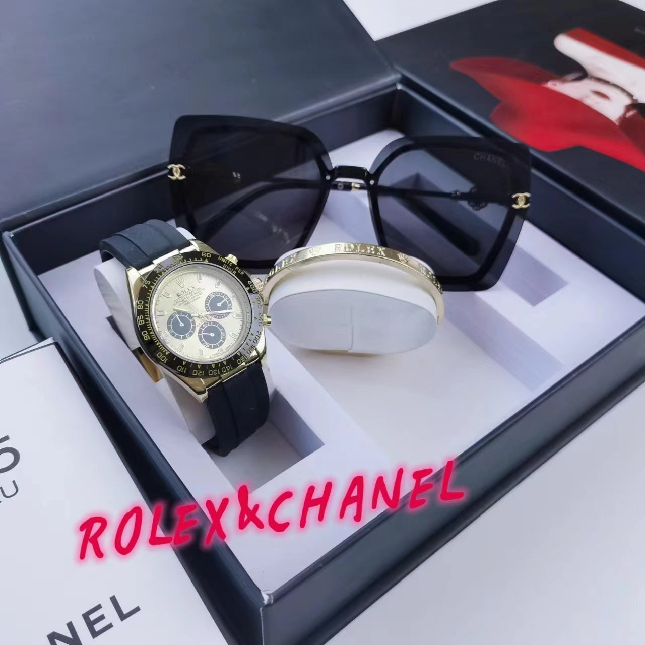Montre inspirée de la rolex oyster perpetual en kit d'un bracelet rolex et des lunettes chanel