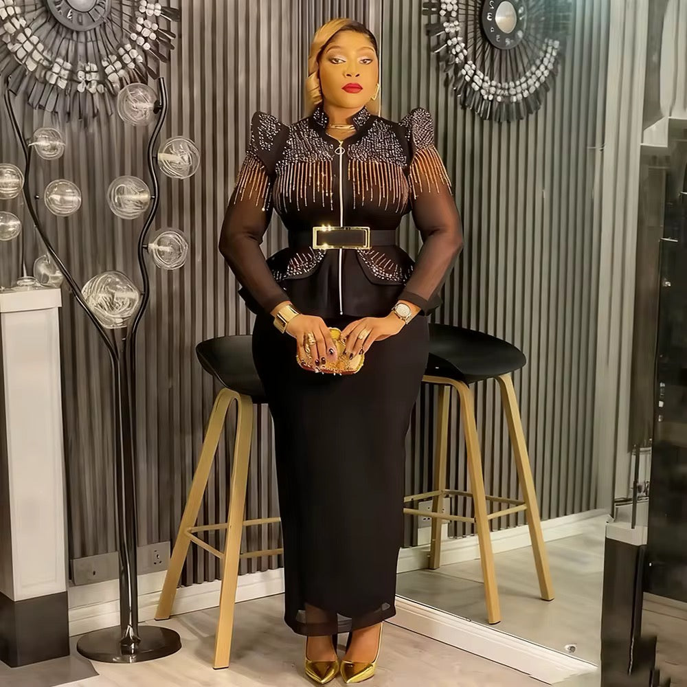 Robe de Fête "Winter 2025" – Haut Orné de Strass et Jupe Longue Ajustée