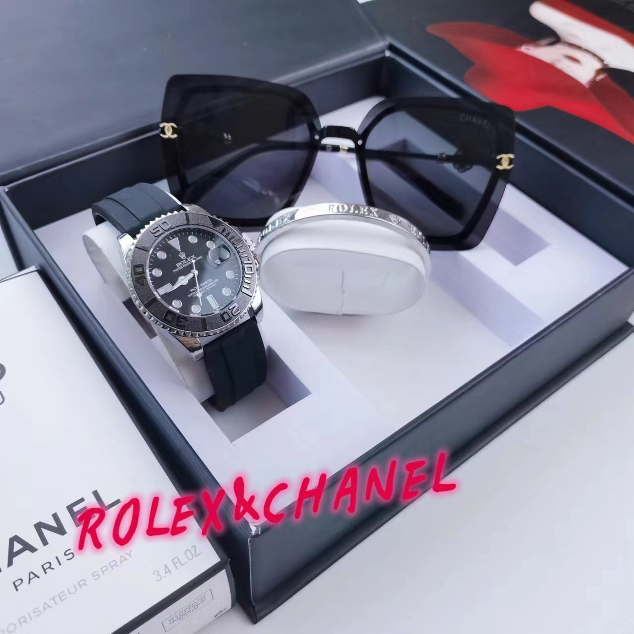 Montre inspirée de la rolex oyster perpetual en kit d'un bracelet rolex et des lunettes chanel