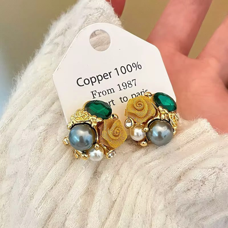 Boucles d'Oreilles "Rose Impériale" – Style Baroque Français, Perles et Émeraude