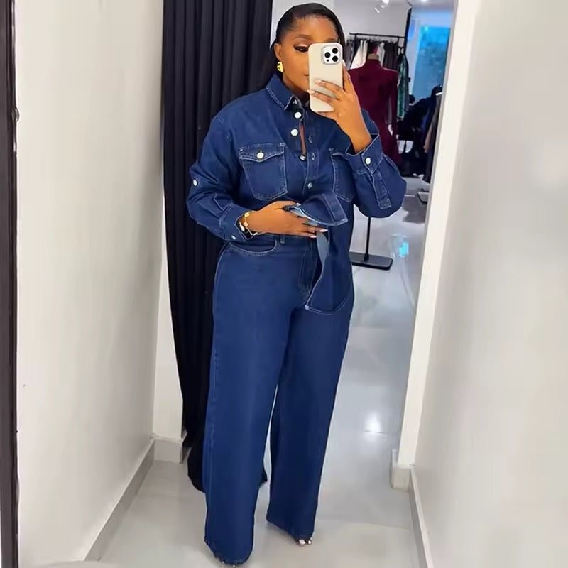 Ensemble Denim Urbain 2 Pièces – Chemise Longue & Pantalon Large – Collection Automne 2025