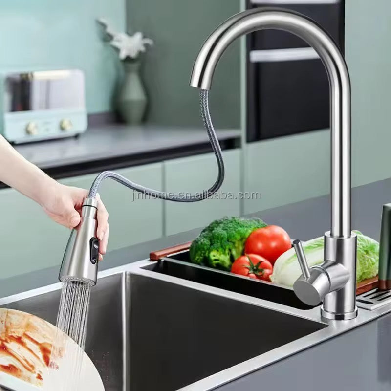 Robinet de Cuisine Mitigeur Extractible Premium – Acier Inoxydable, Double Jet d’Eau (Chaude & Froide) et Rotation 360°