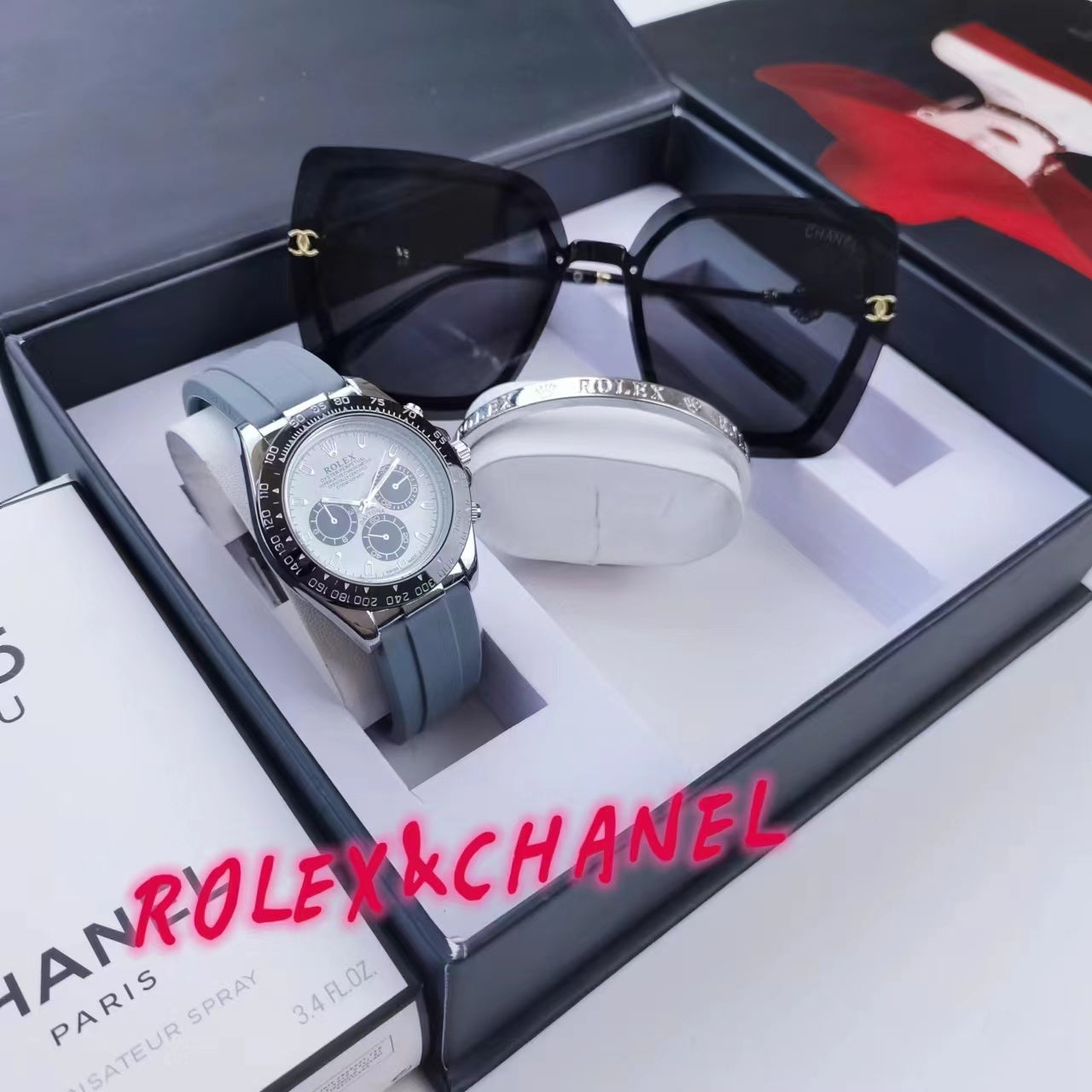 Montre inspirée de la rolex oyster perpetual en kit d'un bracelet rolex et des lunettes chanel
