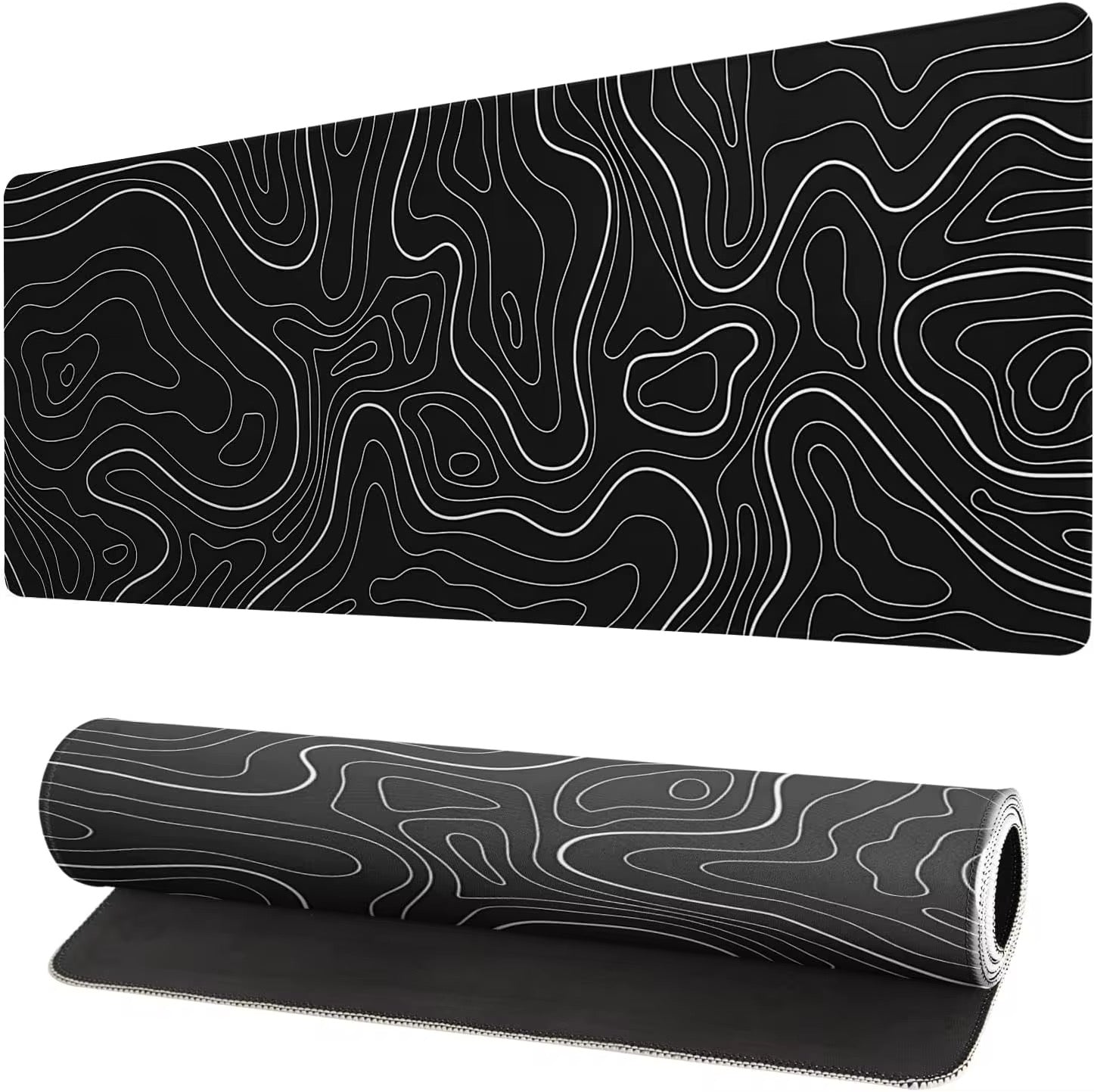 Tapis de Souris Gaming XXL – Design Topographique Noir & Blanc (800x300mm)