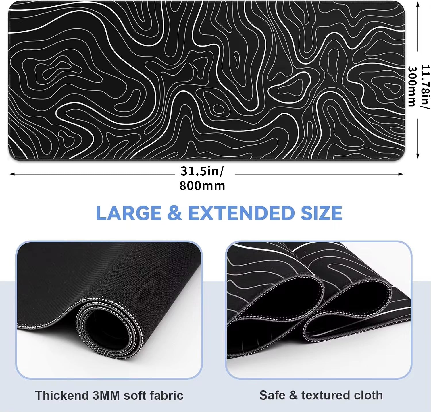 Tapis de Souris Gaming XXL – Design Topographique Noir & Blanc (800x300mm)