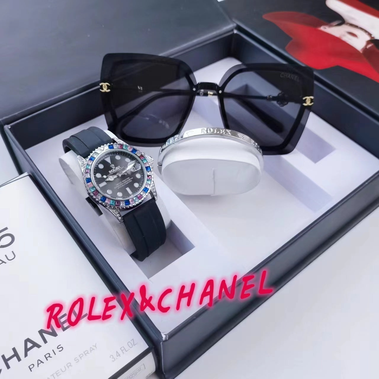 Montre inspirée de la rolex oyster perpetual en kit d'un bracelet rolex et des lunettes chanel