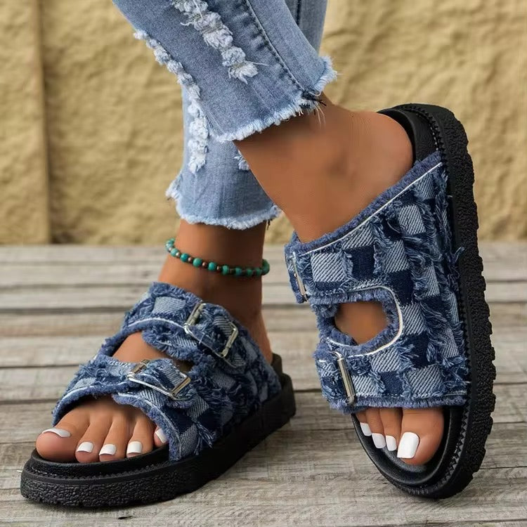 Chaussures de Plage Femme 2025 – Sandales Denim à Semelle Épaisse et Confortable