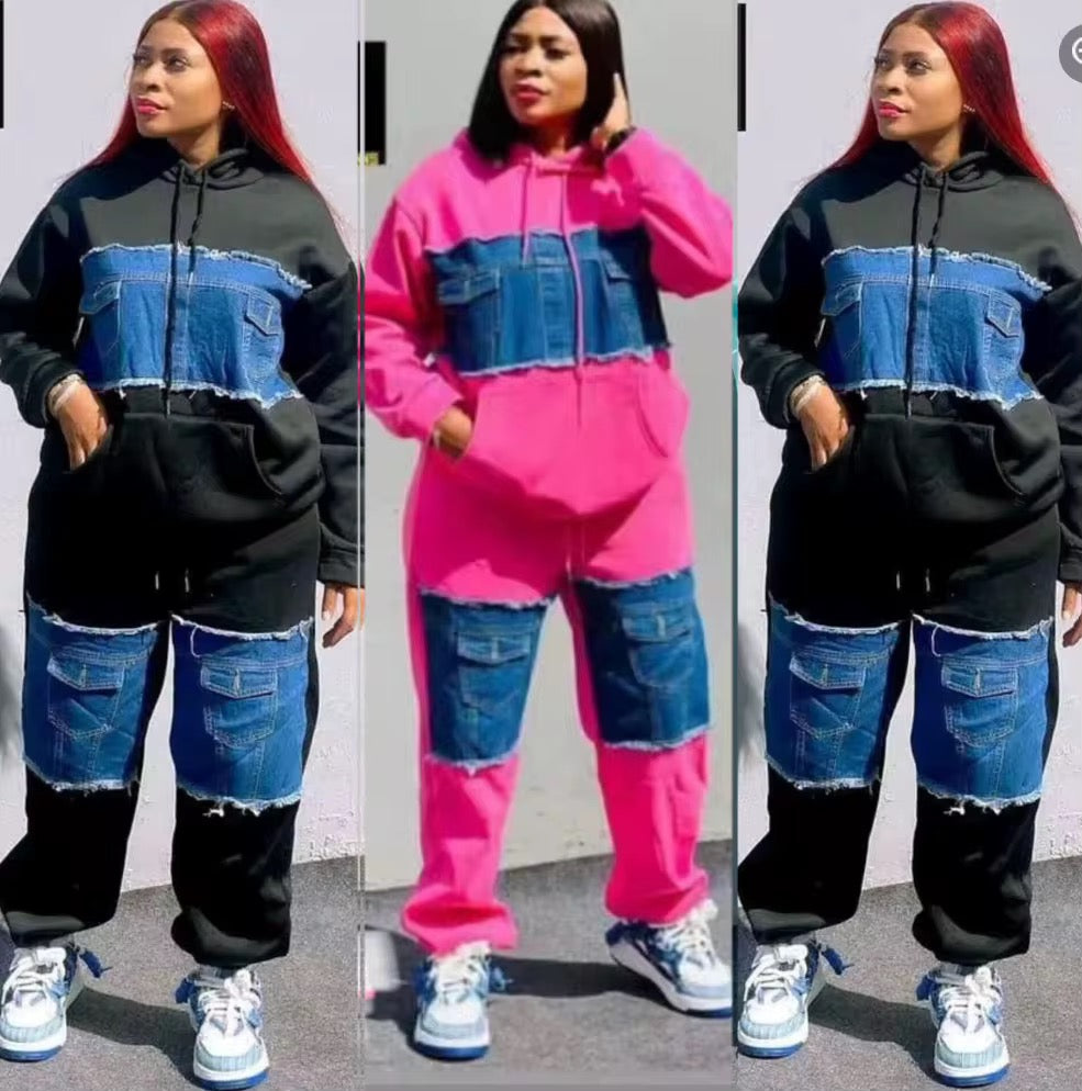 Ensemble "Brooklyn Hybrid" – Hoodie et Jogging avec Empiècements Denim Distressed