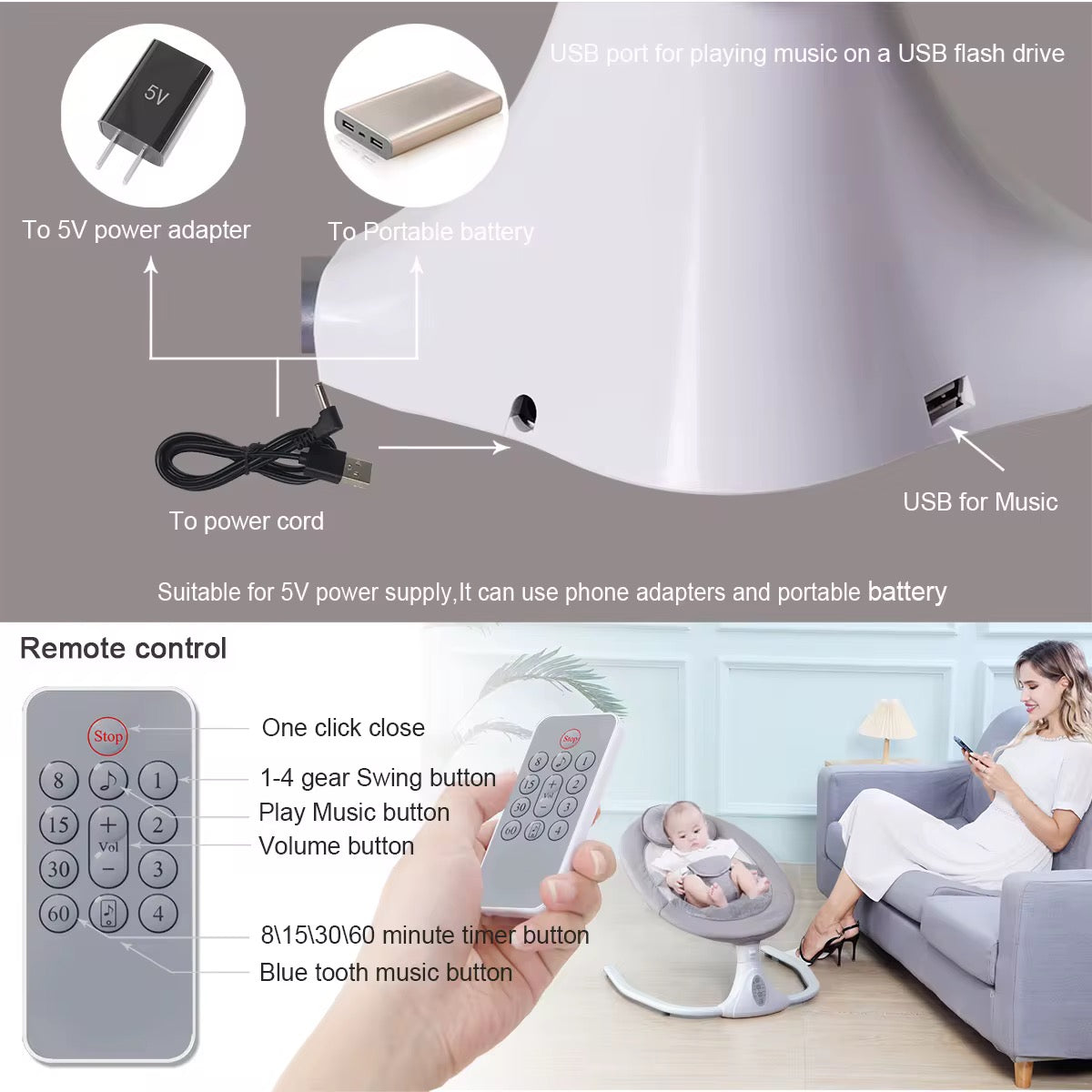 Chaise Berceau Électrique Bébé Multifonction – Balançoire avec Moustiquaire et Jouets