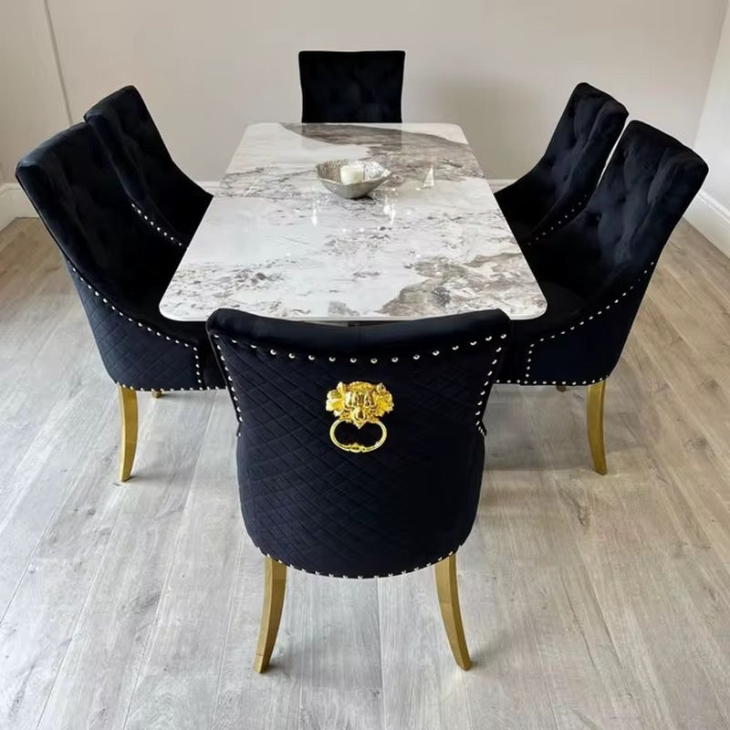 Table à Manger Royale – Plateau en Marbre Blanc et Pieds Sculpturaux Dorés