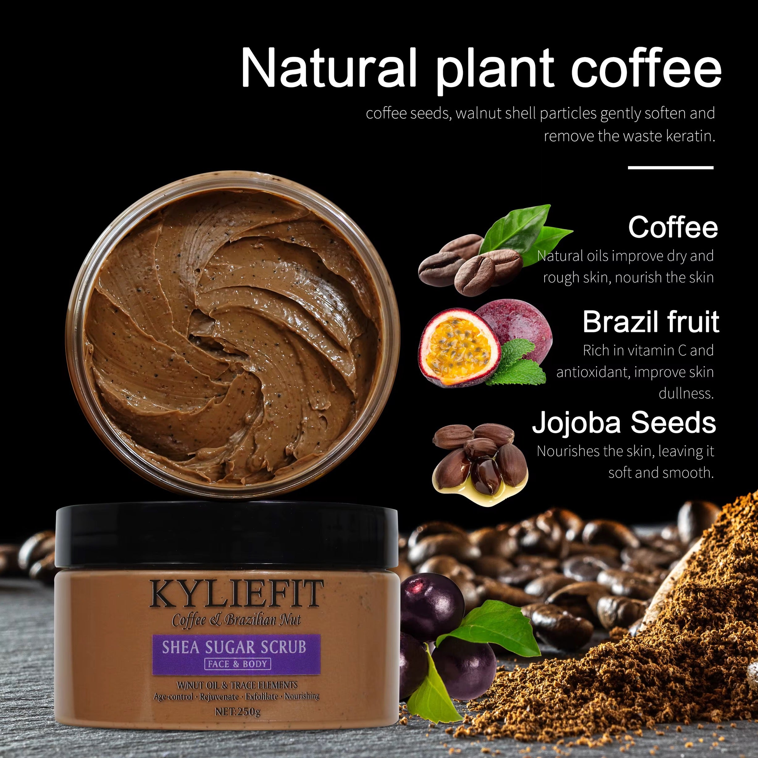 Gommage Corporel Éclaircissant au Café et Sucre – Exfoliant Vegan Multivitaminé "Kyliefit" pour Visage et Corps