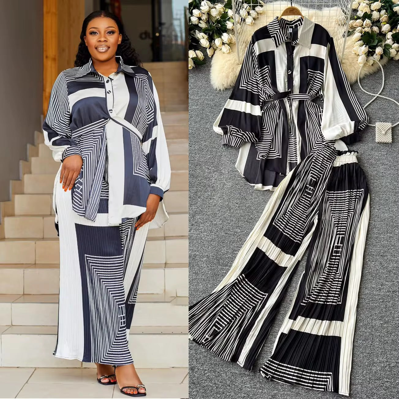 Ensemble "Élégance Graphique" – Chemise Longue et Pantalon Large Plissé