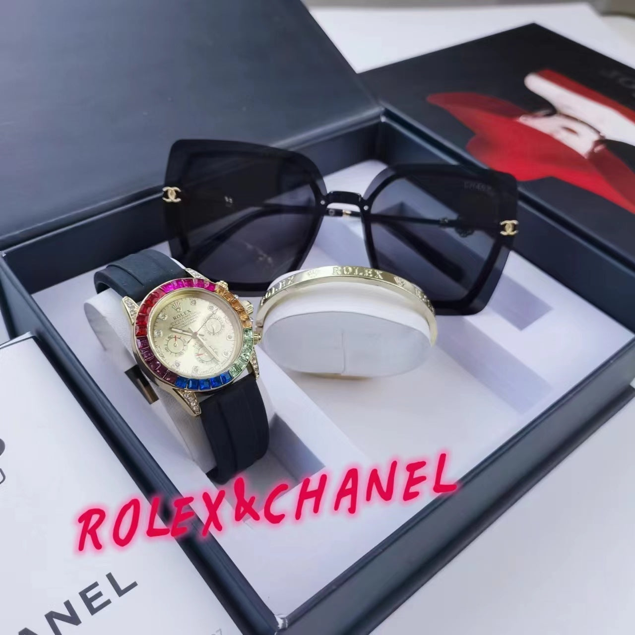 Montre inspirée de la rolex oyster perpetual en kit d'un bracelet rolex et des lunettes chanel