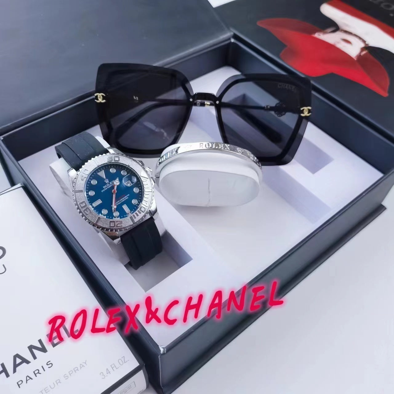 Montre inspirée de la rolex oyster perpetual en kit d'un bracelet rolex et des lunettes chanel