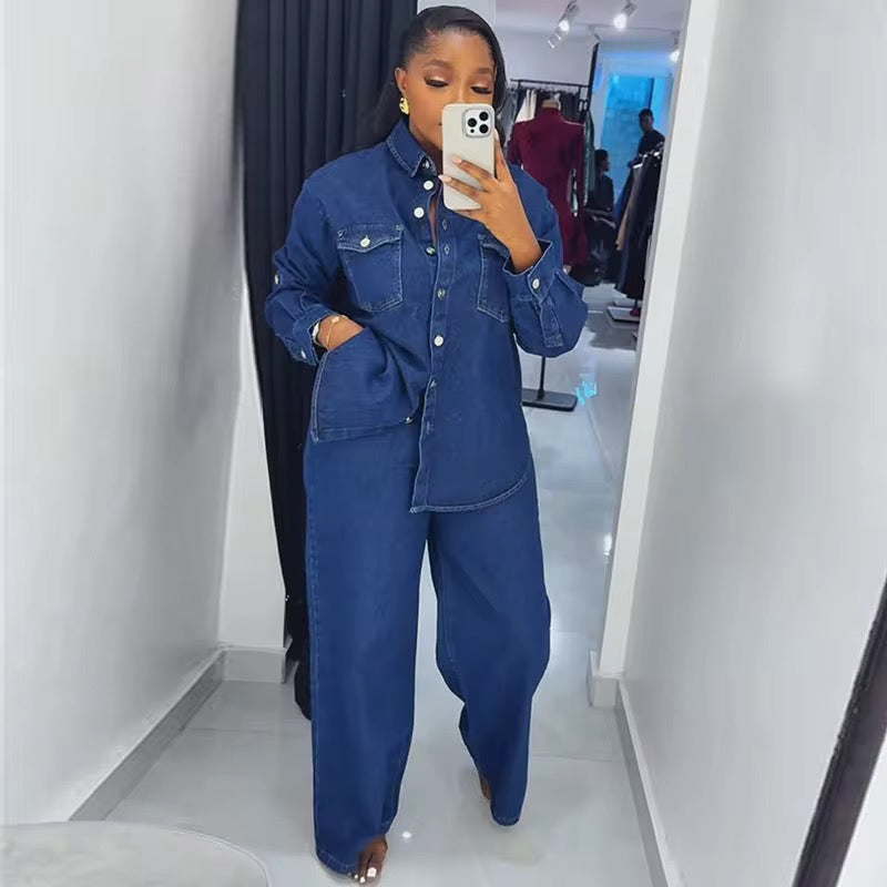 Ensemble Denim Urbain 2 Pièces – Chemise Longue & Pantalon Large – Collection Automne 2025
