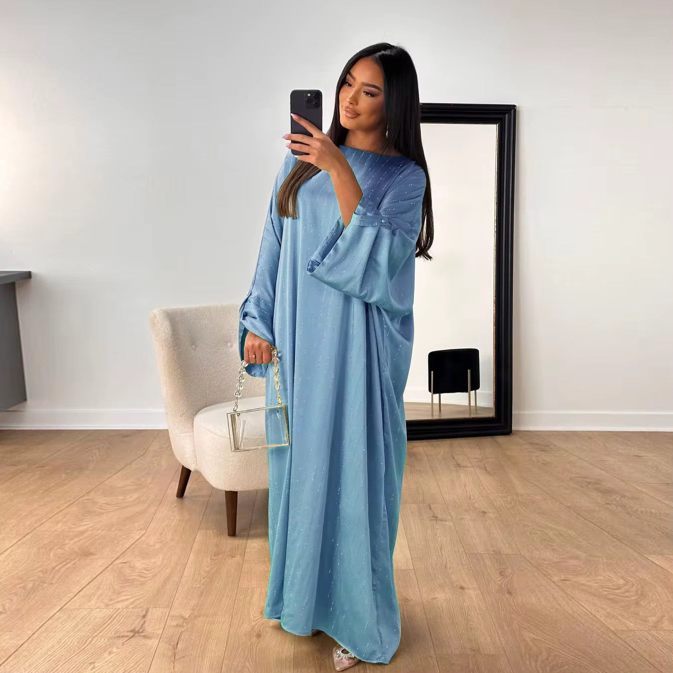 Abaya de Soirée à Strass "Cristal" – Robe Longue Élégante en Polyester Premium