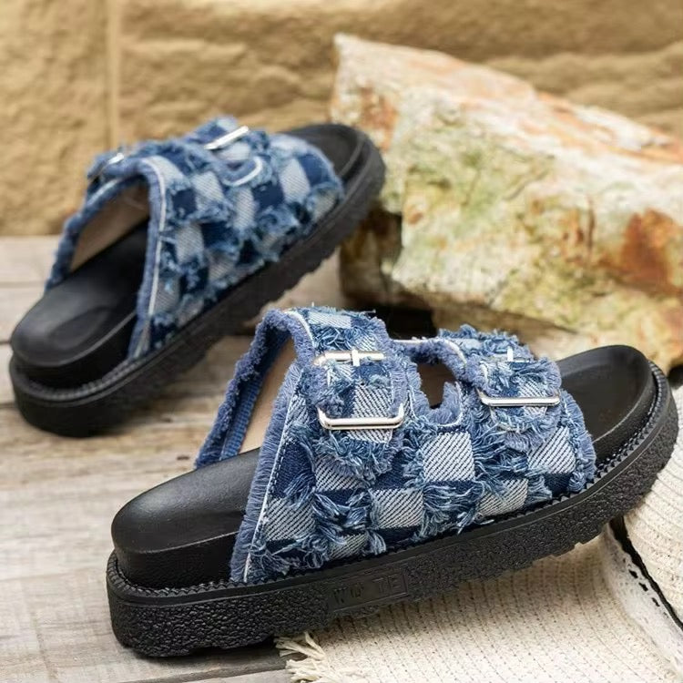 Chaussures de Plage Femme 2025 – Sandales Denim à Semelle Épaisse et Confortable