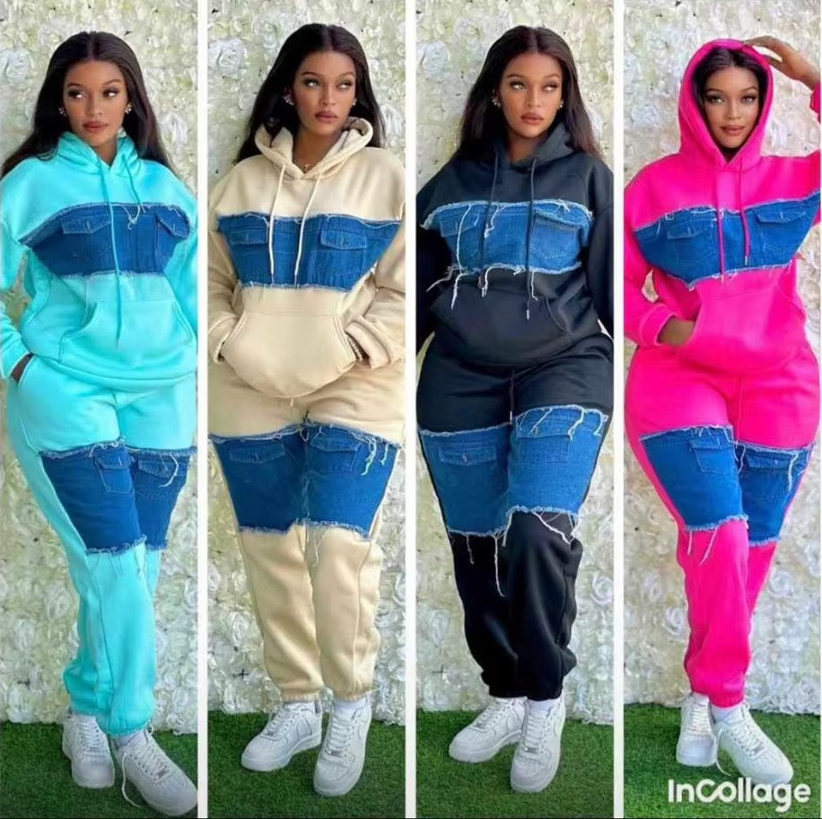 Ensemble "Brooklyn Hybrid" – Hoodie et Jogging avec Empiècements Denim Distressed