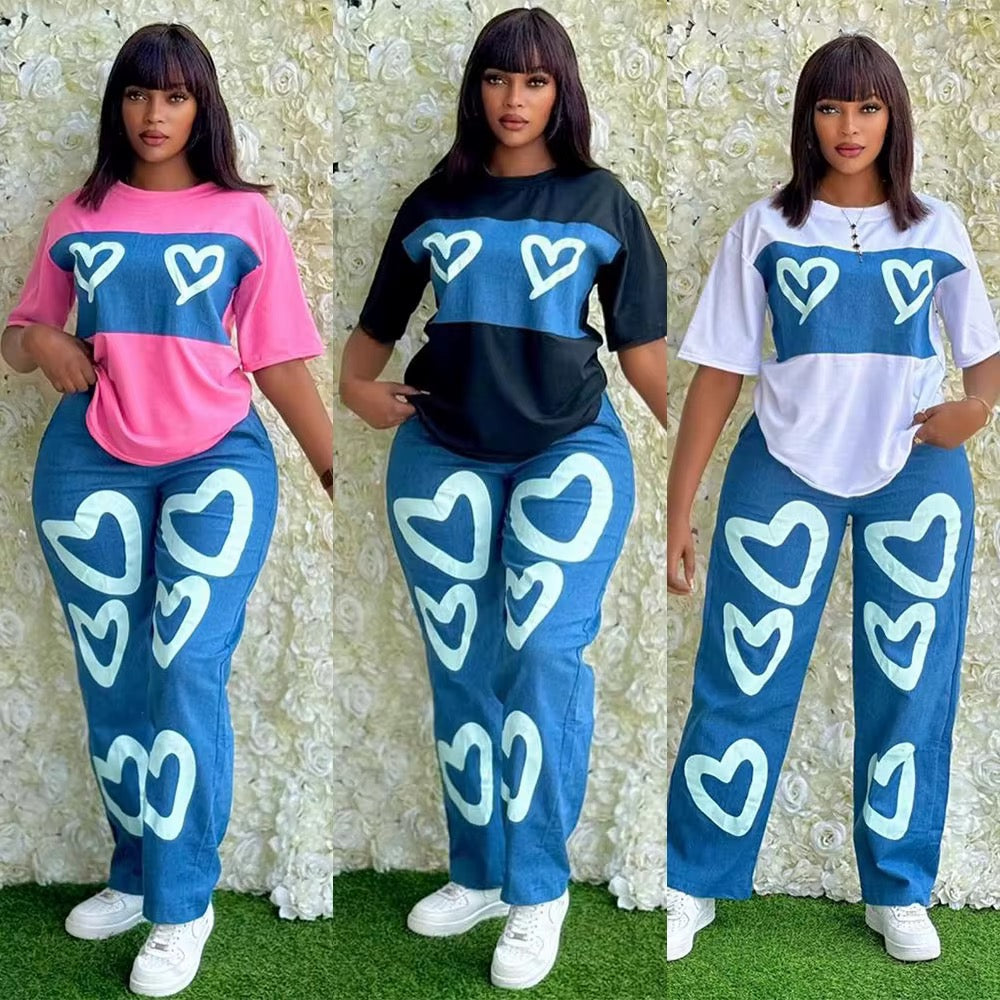 Ensemble "Sweet Heart" – Duo T-shirt Bicolore et Pantalon Large à Motifs Cœurs