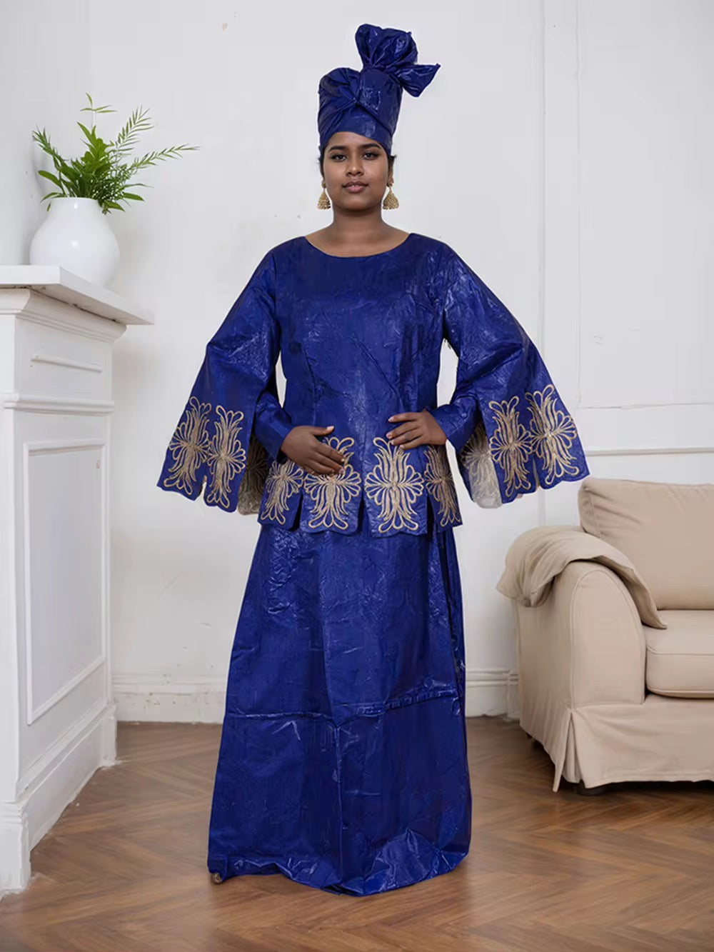 Ensemble Dashiki 2 Pièces en Tissu Jacquard – Broderies Dorées Haute Qualité