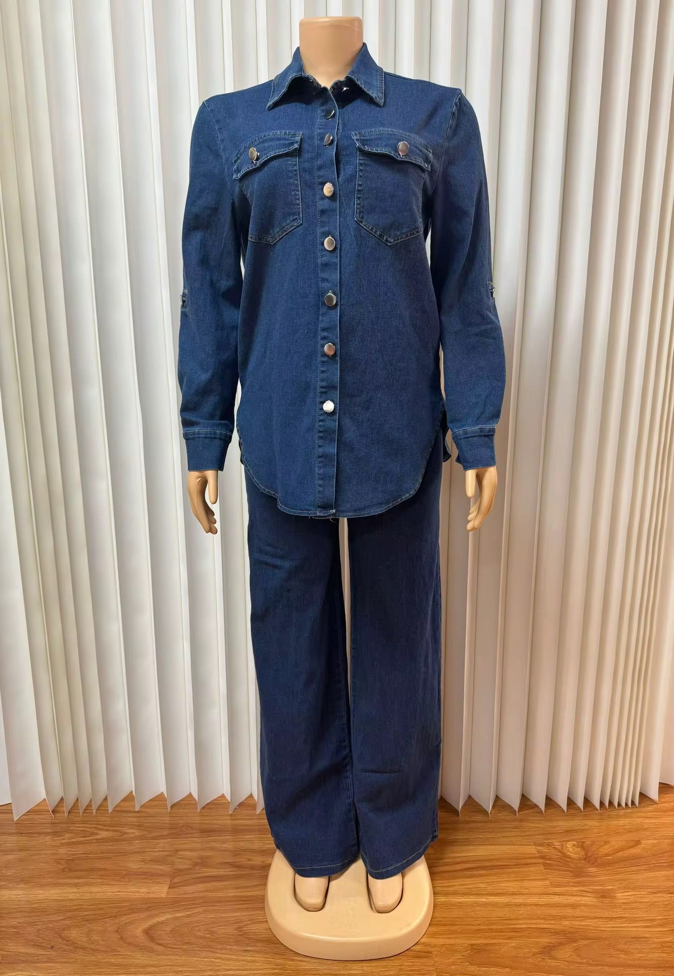 Ensemble Denim Urbain 2 Pièces – Chemise Longue & Pantalon Large – Collection Automne 2025