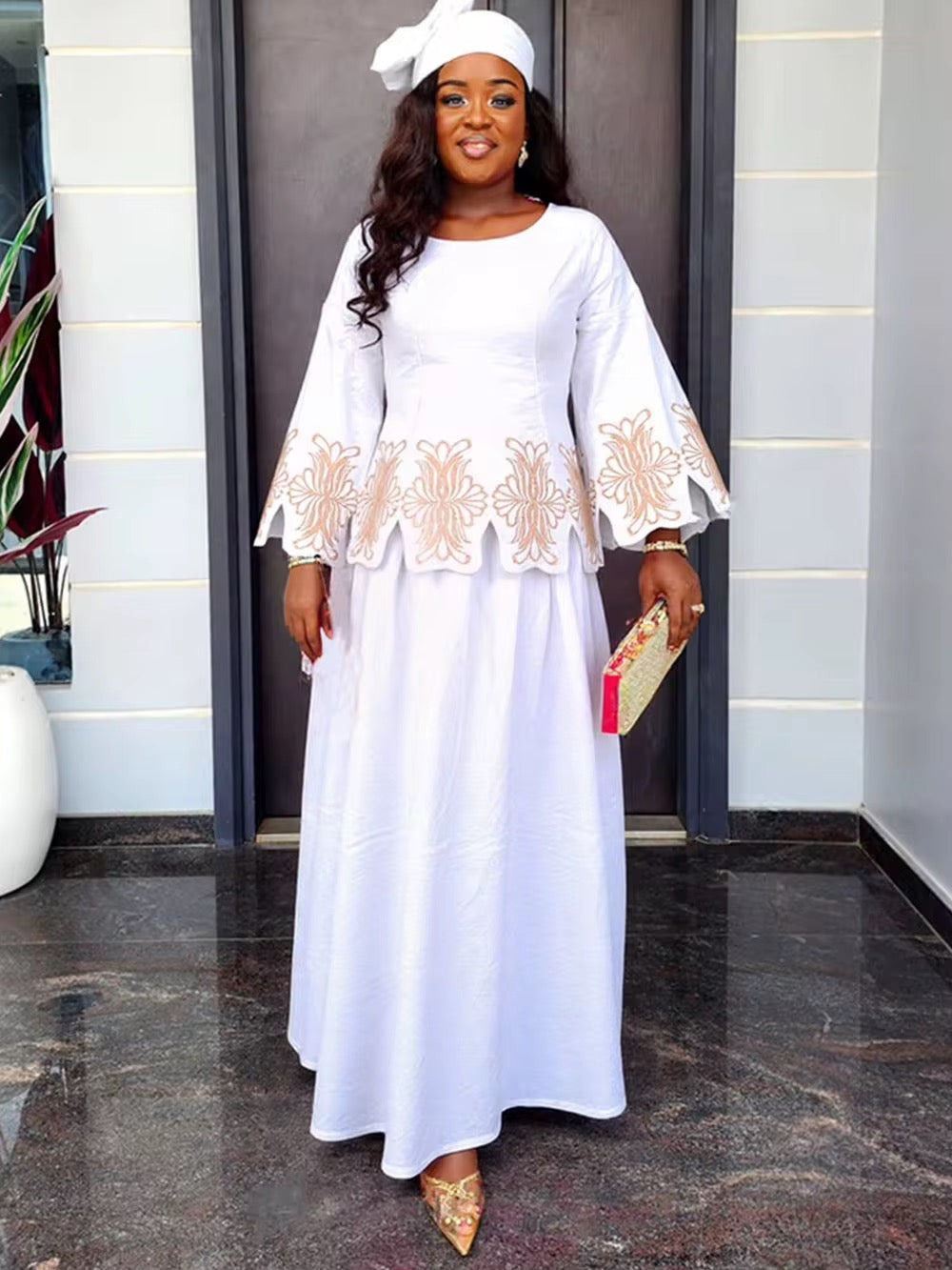 Ensemble Dashiki 2 Pièces en Tissu Jacquard – Broderies Dorées Haute Qualité