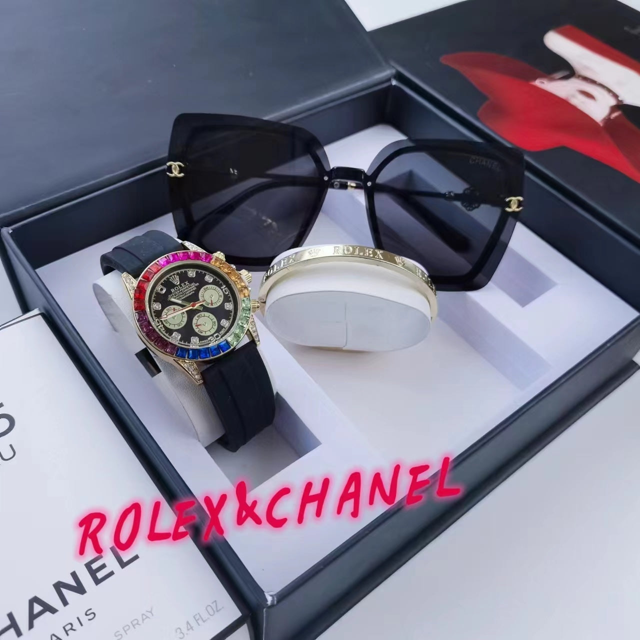 Montre inspirée de la rolex oyster perpetual en kit d'un bracelet rolex et des lunettes chanel