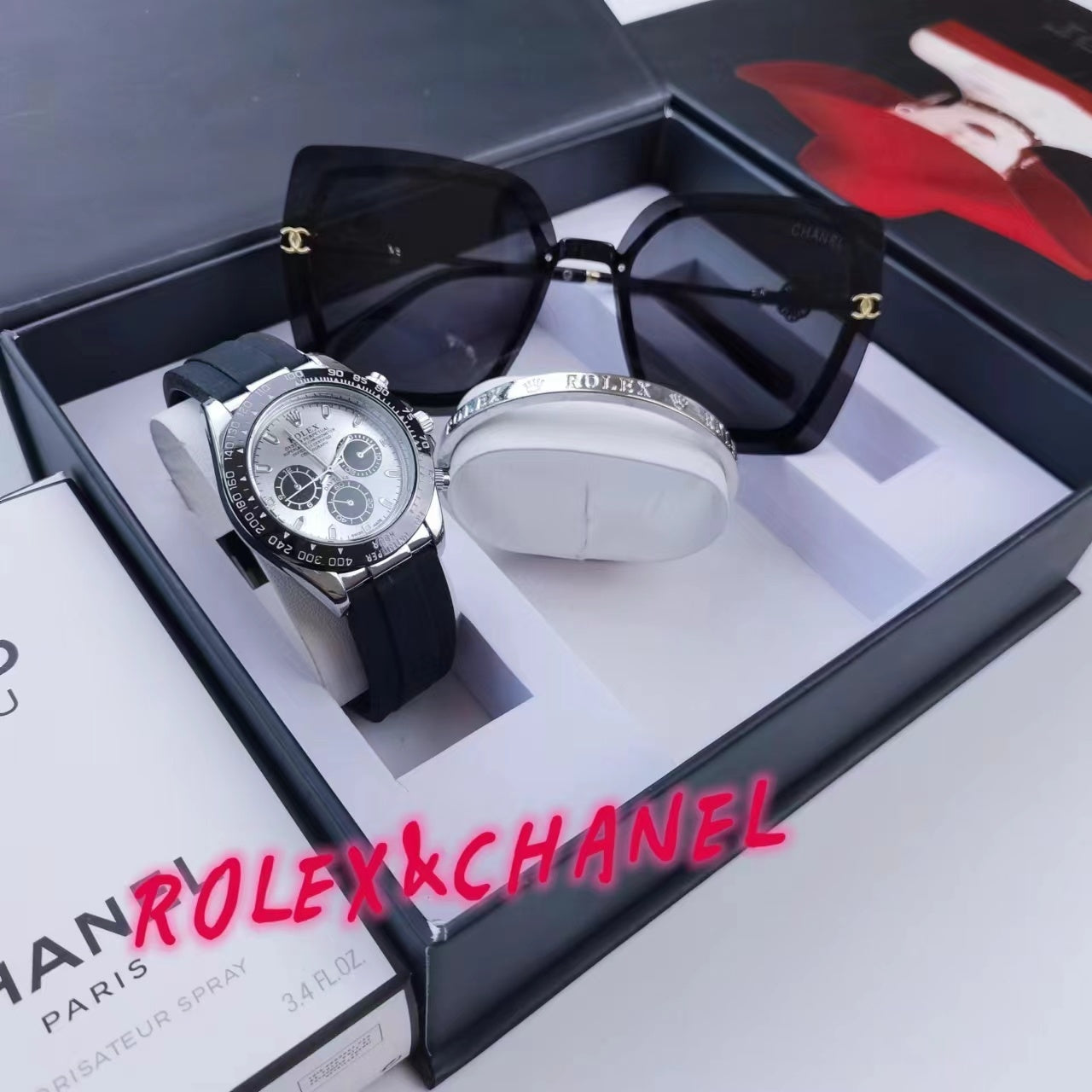 Montre inspirée de la rolex oyster perpetual en kit d'un bracelet rolex et des lunettes chanel