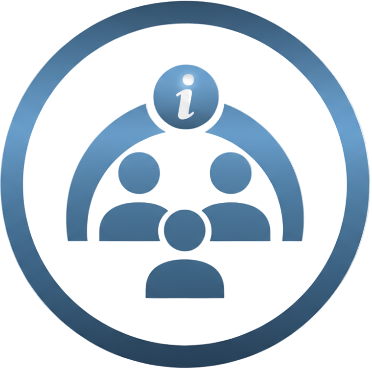 Crée une icône élégante représentant un petit groupe de deux ou trois personnes avec un symbole d’information “i”. Style moderne et professionnel, fond transparent.