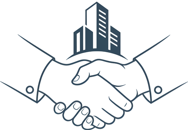 Crée une icône professionnelle montrant une poignée de main stylisée ou deux mains qui se serrent, avec un symbole de bâtiment d’entreprise. Style corporate, lignes fines, fond transparent.