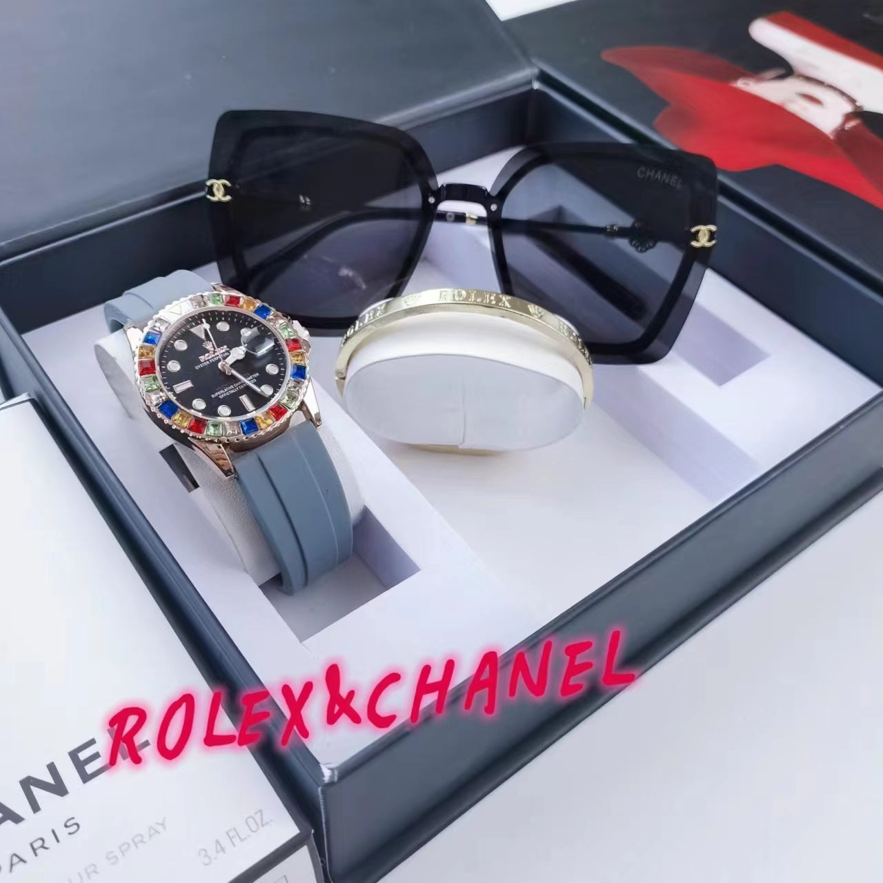 Montre inspirée de la rolex oyster perpetual en kit d'un bracelet rolex et des lunettes chanel