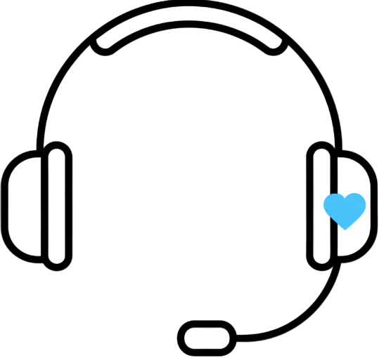 Génère une icône de casque d’assistance (headset) avec un petit cœur ou un smiley subtil pour évoquer l’aide. Style minimaliste, fond transparent.