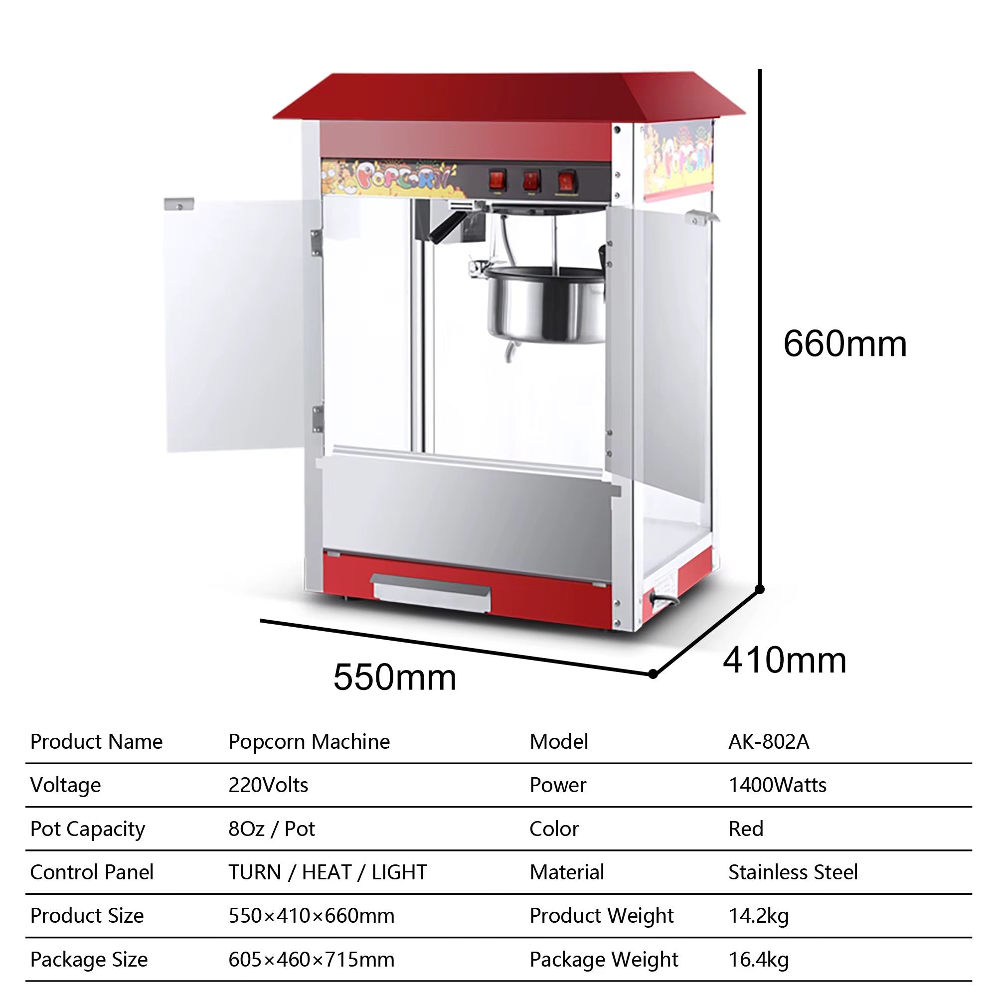 Machine à Pop - corn Professionnelle Shuang Junma – 1400W, Chaudron 8oz, Fonctions Chauffage & Maintien au Chaud, Certifiée CE/UL pour Restauration - HGL - CHINA