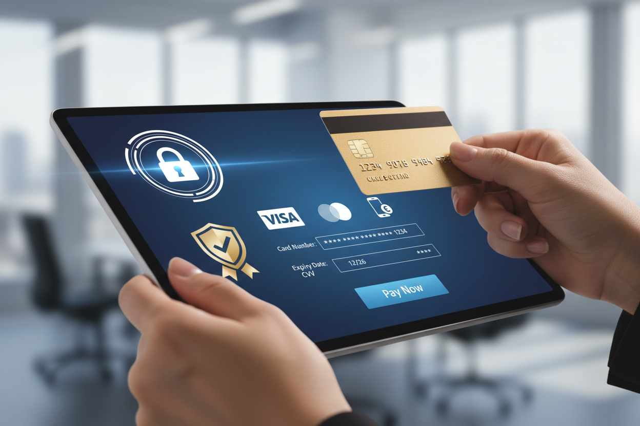 Ultra-realistic professional image showing secure online payment. Close-up of a customer’s hands paying through a digital interface with a credit card and mobile money icons. Clean soft lighting, modern UI elements, lock/security badge visible. Corporate style, trustworthy atmosphere. Colors: blue, white, gold.